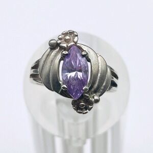 Sterling Silver Amethyst Color Floral Ring Solitaire Marquise Purple Stone